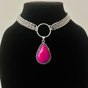 Hand Crafted Chain Necklace with Pink Pendant (925)